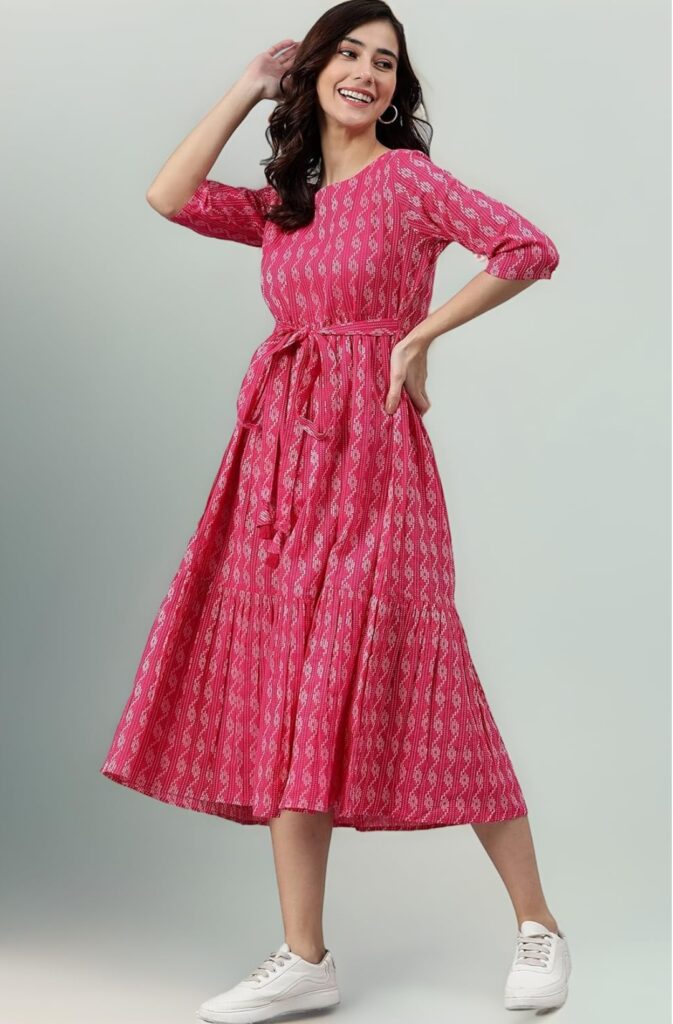 Women Nyrika Woven Flared Cotton Gown Dress with Waist Tie-Up, Pink, 2XL